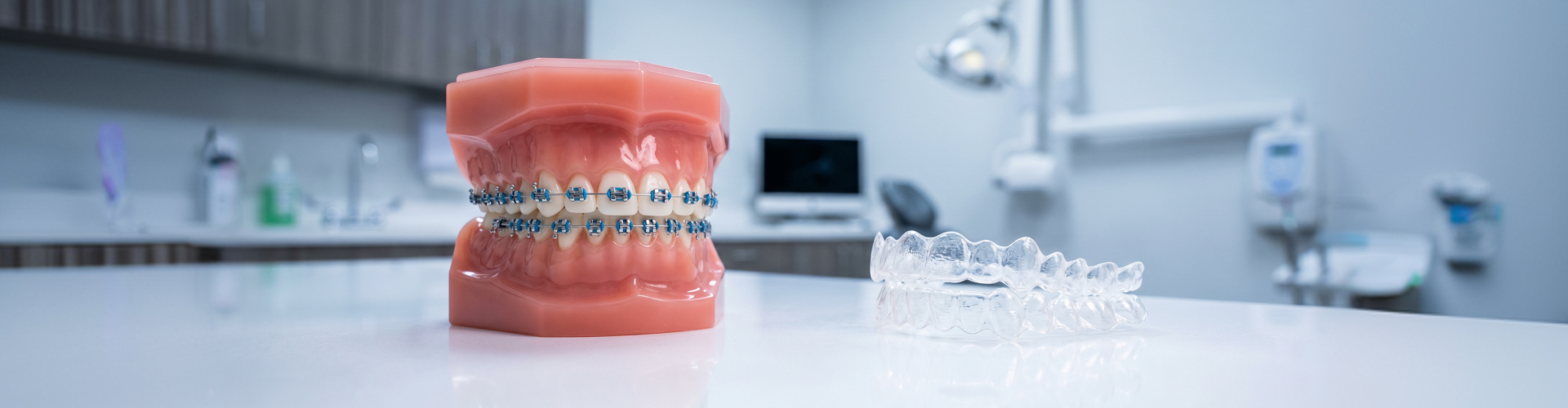 Dental model with metal braces and clear Invisalign aligners in a professional clinic office.